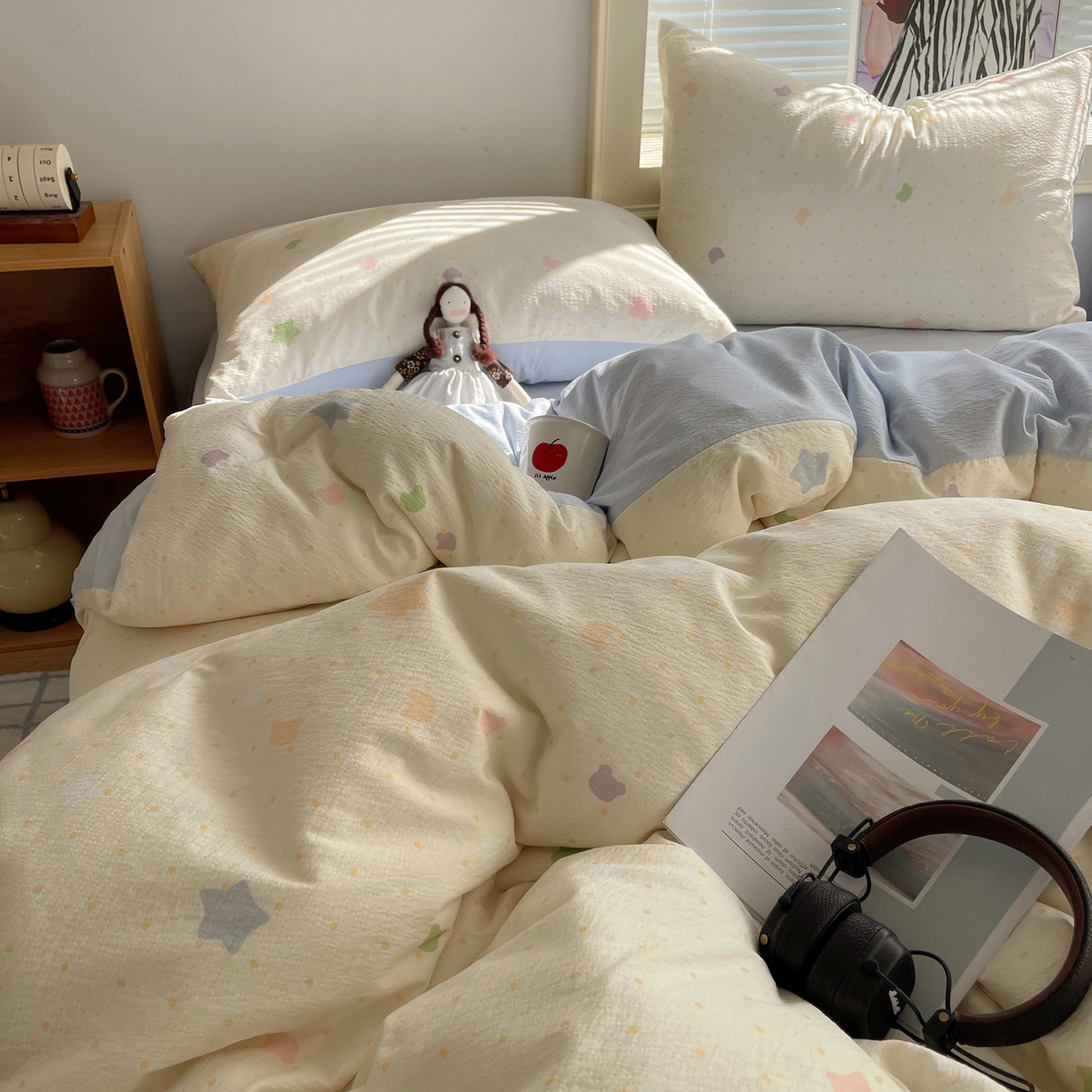 91家纺网 家纺一手货源 找家纺 繁花家居 2026新款木棉双层纱四件套 米白星絮