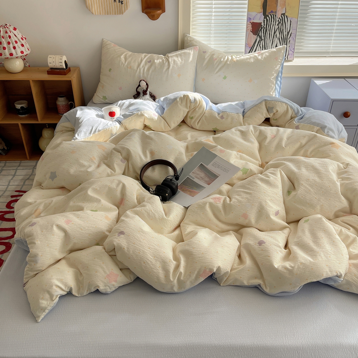 91家纺网 家纺一手货源 找家纺 繁花家居 2026新款木棉双层纱四件套 米白星絮