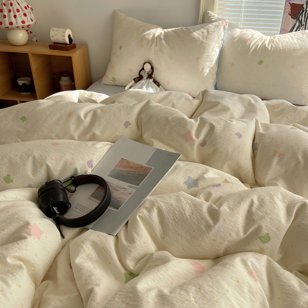 91家纺网 家纺一手货源 找家纺 繁花家居 2026新款木棉双层纱四件套 米白星絮