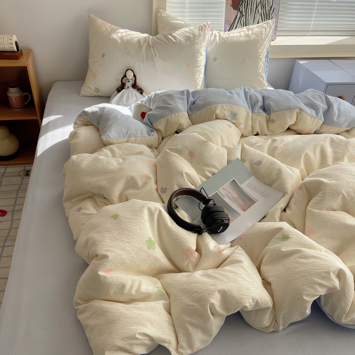 91家纺网 家纺一手货源 找家纺 繁花家居 2026新款木棉双层纱四件套 米白星絮