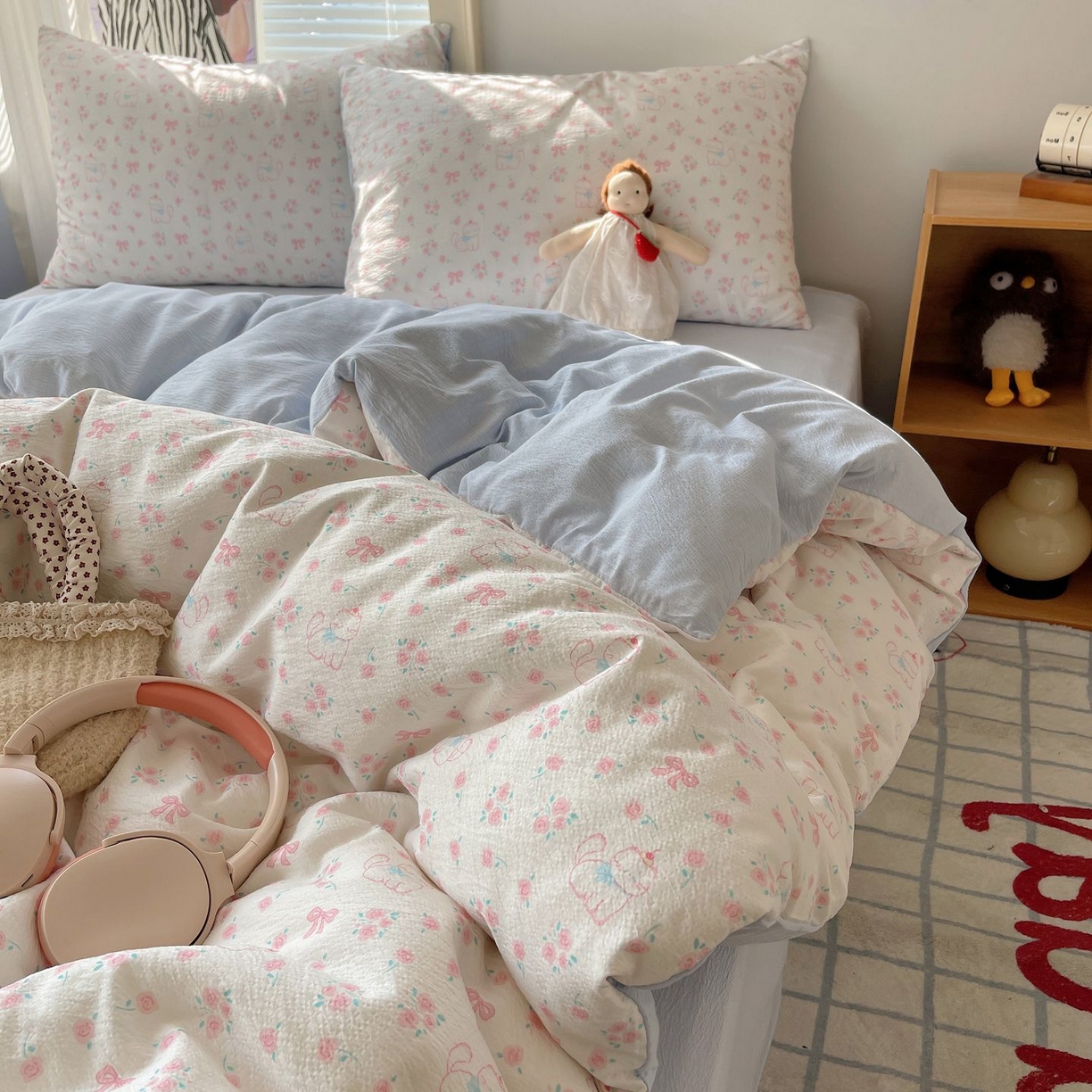 繁花家居 2026新款木棉双层纱四件套 喵喵花结
