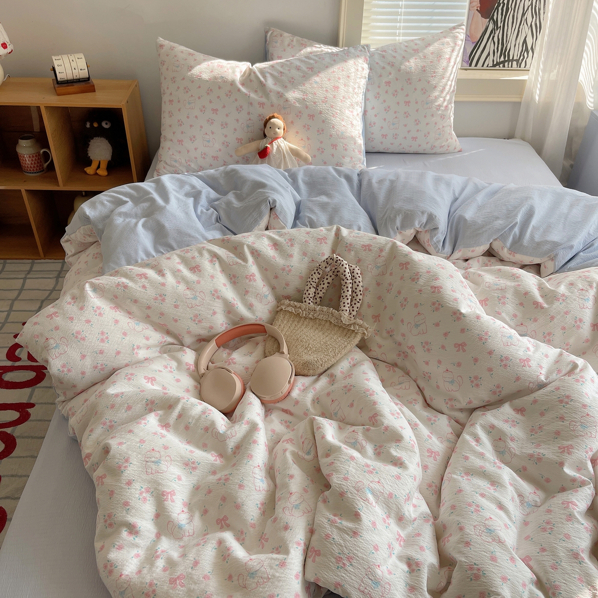 91家纺网 家纺一手货源 找家纺 繁花家居 2026新款木棉双层纱四件套 喵喵花结