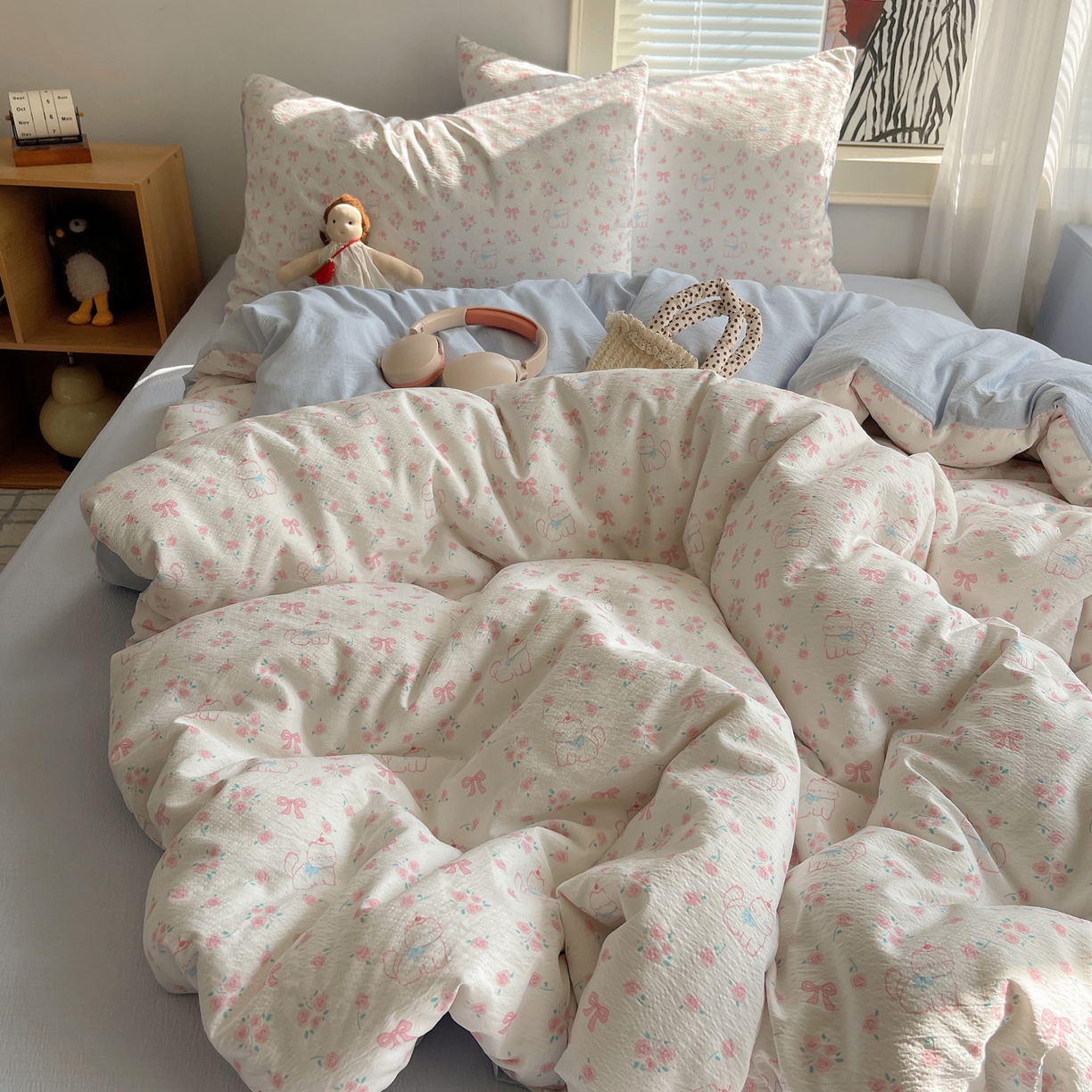 91家纺网 家纺一手货源 找家纺 繁花家居 2026新款木棉双层纱四件套 喵喵花结