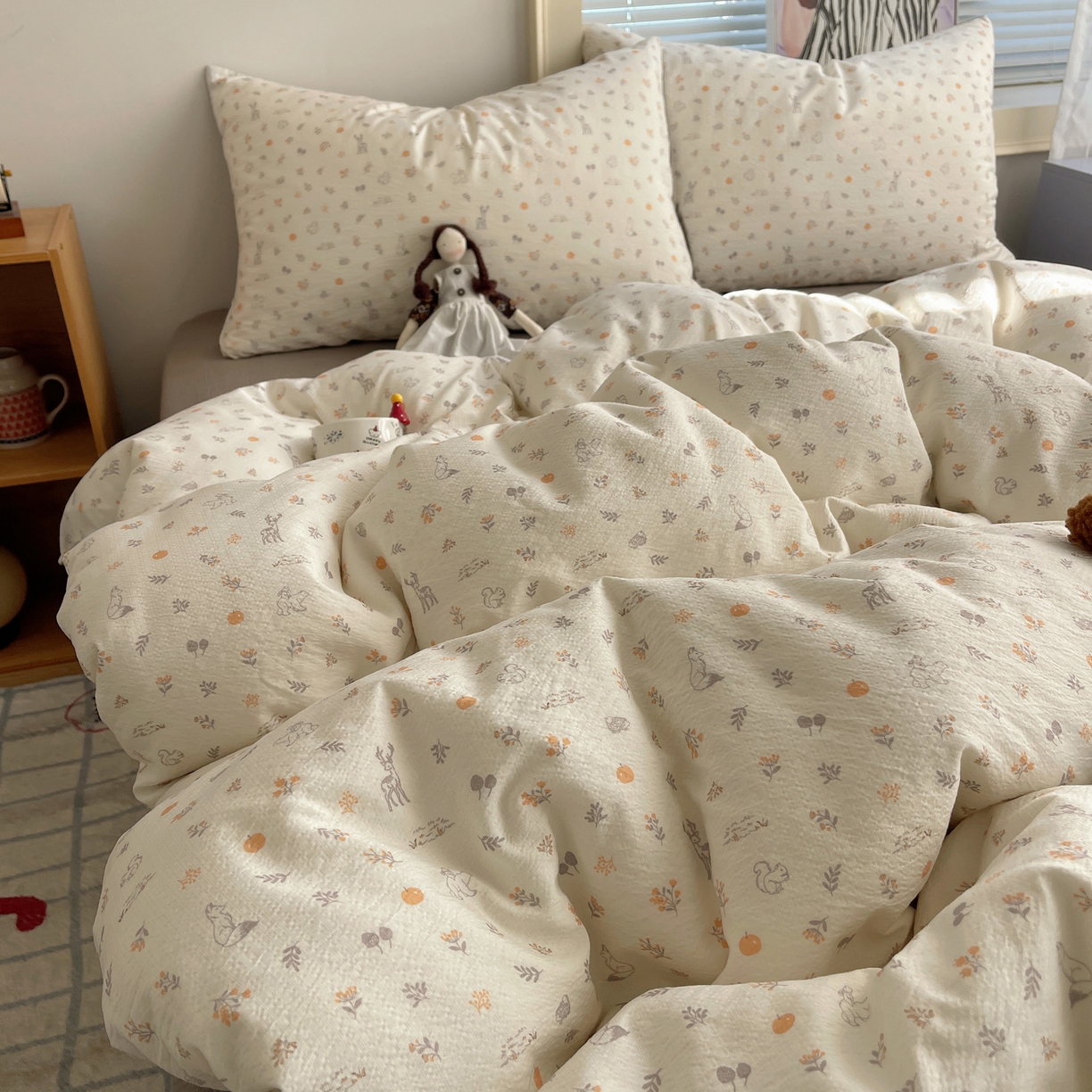 91家纺网 家纺一手货源 找家纺 繁花家居 2026新款木棉双层纱四件套 木与鹿眠