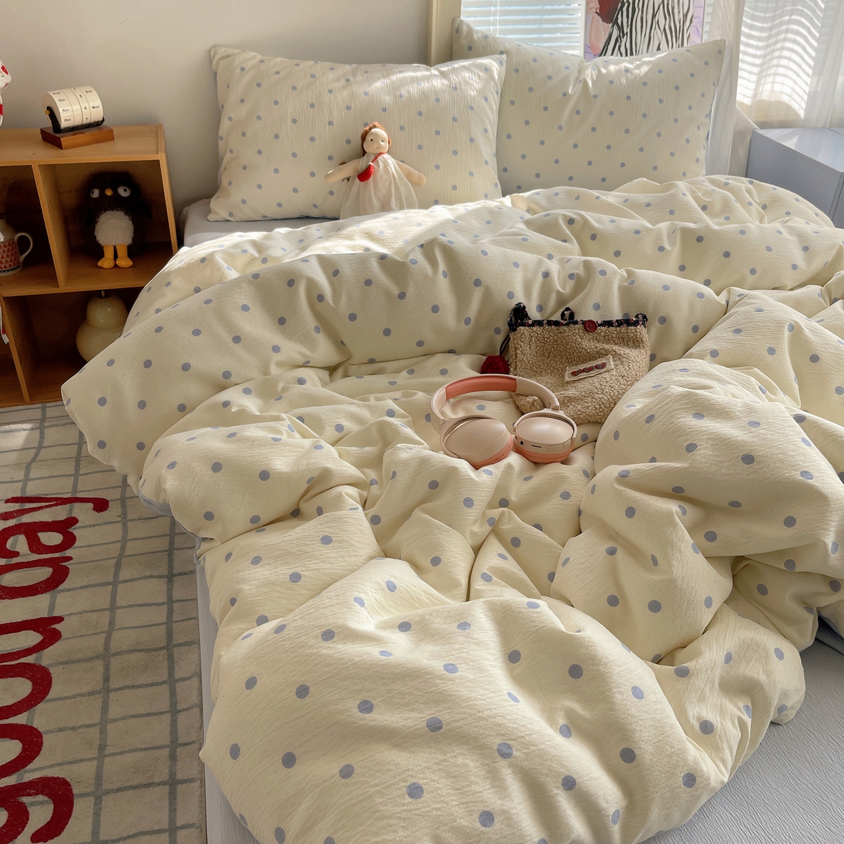 91家纺网 家纺一手货源 找家纺 繁花家居 2026新款木棉双层纱四件套 奶蓝波点【海盐波点】