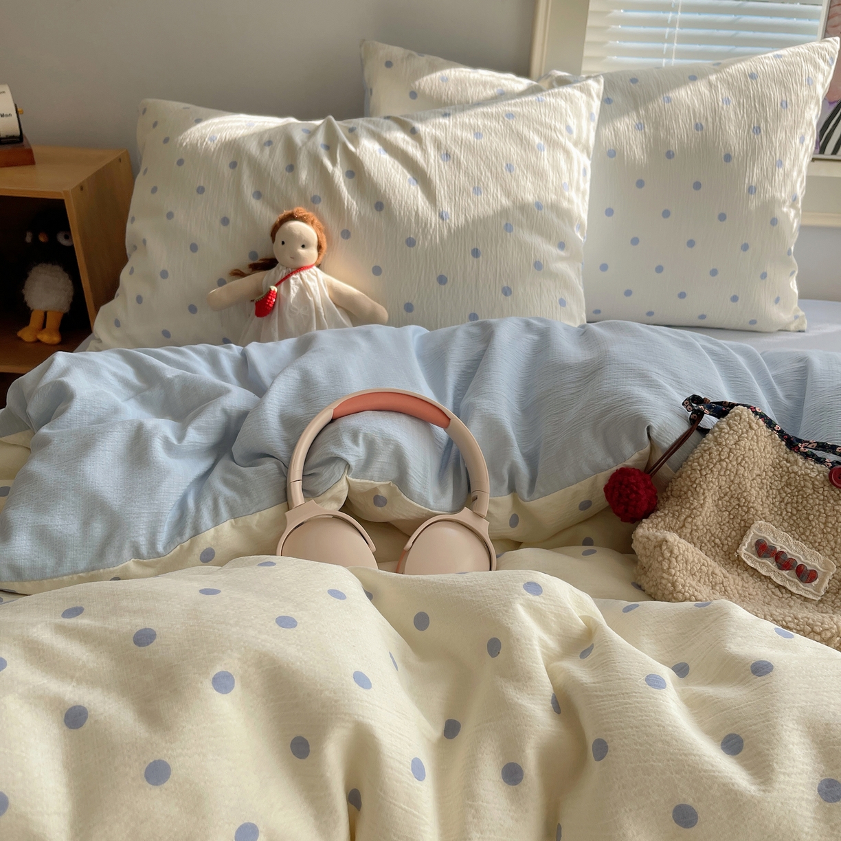 91家纺网 家纺一手货源 找家纺 繁花家居 2026新款木棉双层纱四件套 奶蓝波点【海盐波点】