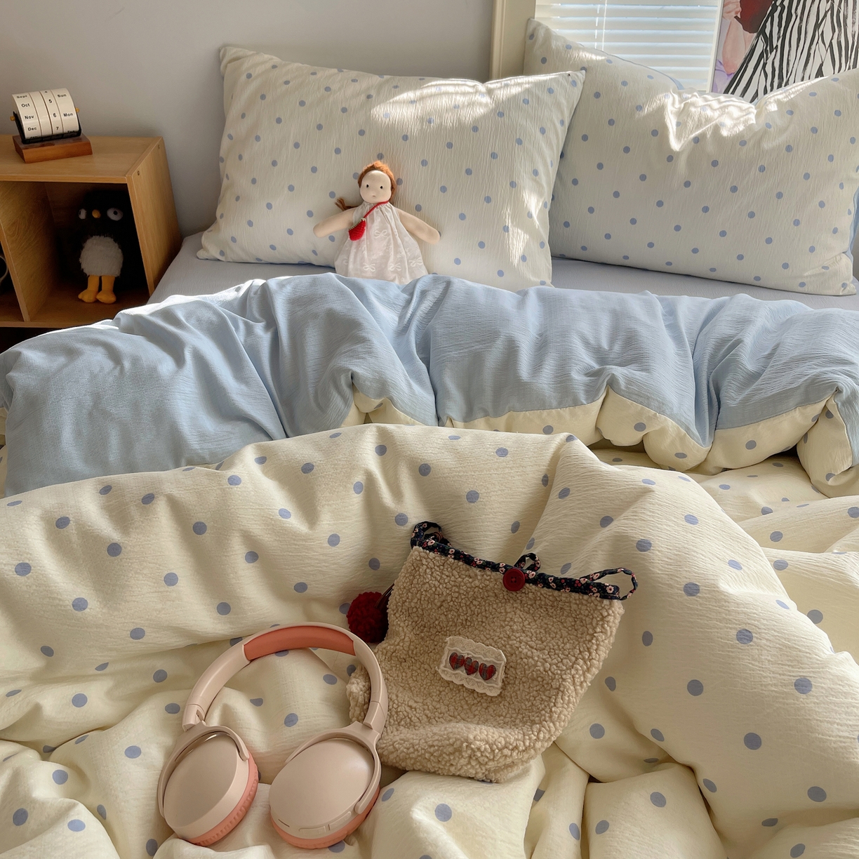 91家纺网 家纺一手货源 找家纺 繁花家居 2026新款木棉双层纱四件套 奶蓝波点【海盐波点】