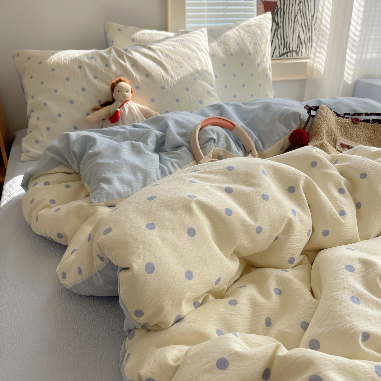 91家纺网 家纺一手货源 找家纺 繁花家居 2026新款木棉双层纱四件套 奶蓝波点【海盐波点】