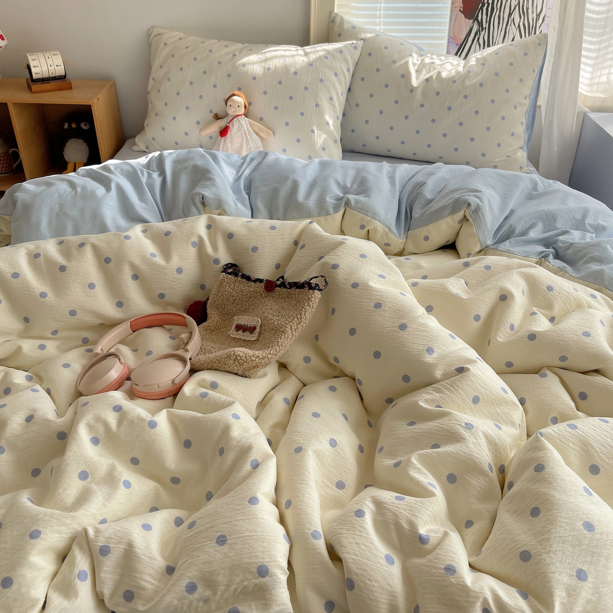 91家纺网 家纺一手货源 找家纺 繁花家居 2026新款木棉双层纱四件套 奶蓝波点【海盐波点】