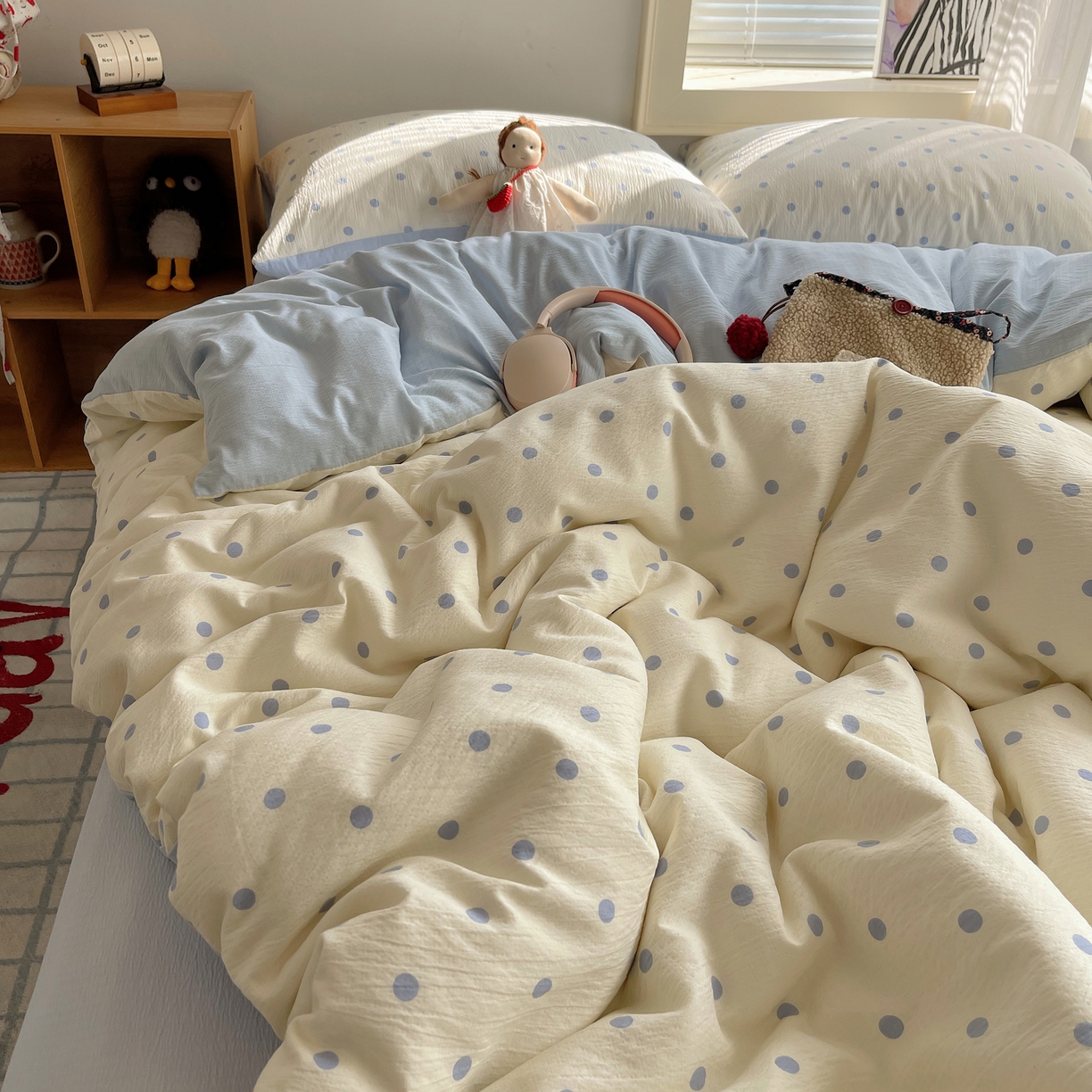 91家纺网 家纺一手货源 找家纺 繁花家居 2026新款木棉双层纱四件套 奶蓝波点【海盐波点】