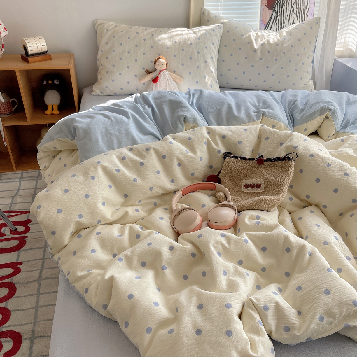 91家纺网 家纺一手货源 找家纺 繁花家居 2026新款木棉双层纱四件套 奶蓝波点【海盐波点】