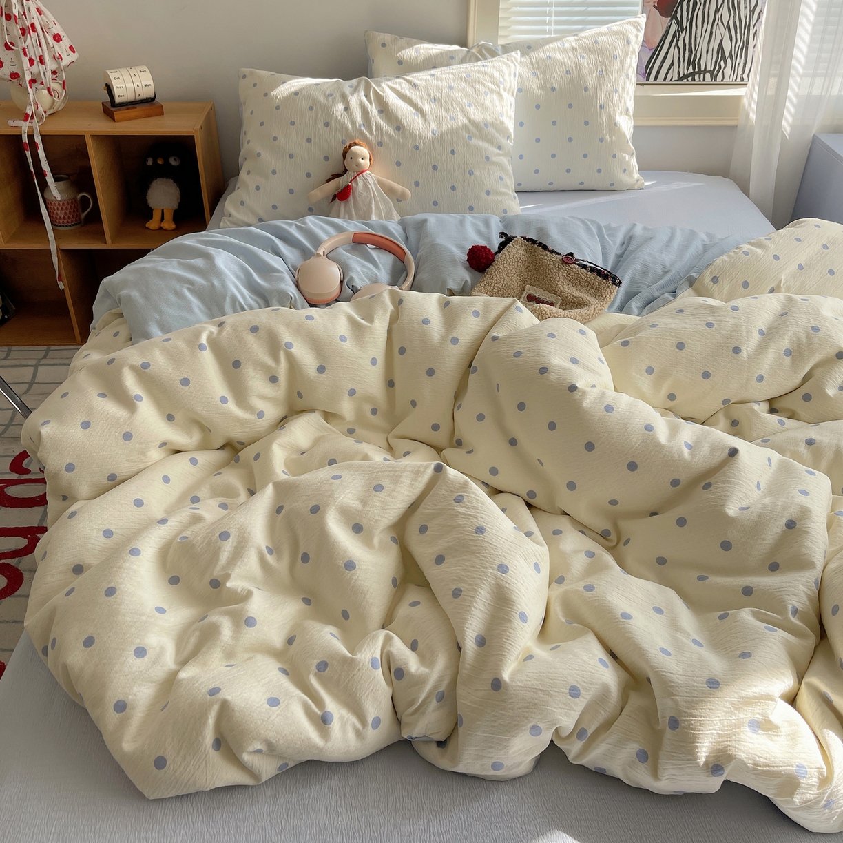 91家纺网 家纺一手货源 找家纺 繁花家居 2026新款木棉双层纱四件套 奶蓝波点【海盐波点】