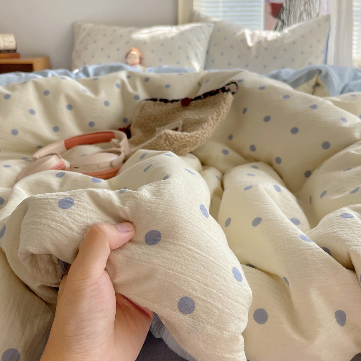 91家纺网 家纺一手货源 找家纺 繁花家居 2026新款木棉双层纱四件套 奶蓝波点【海盐波点】