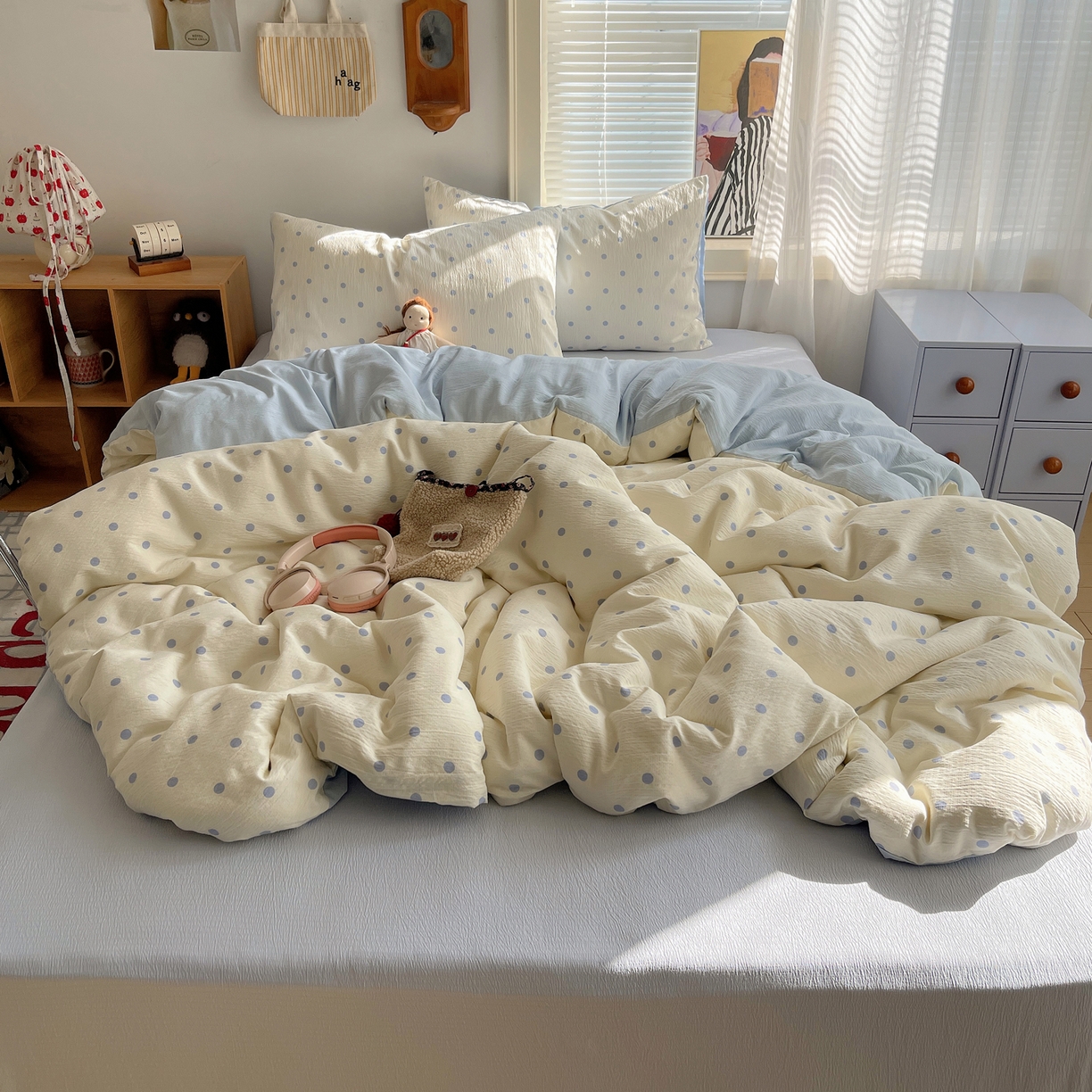 91家纺网 家纺一手货源 找家纺 繁花家居 2026新款木棉双层纱四件套 奶蓝波点【海盐波点】