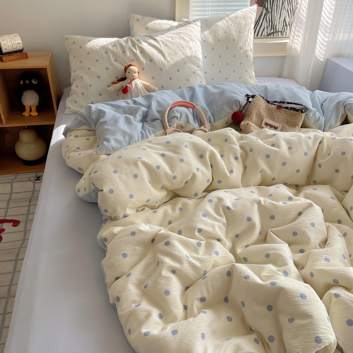 91家纺网 家纺一手货源 找家纺 繁花家居 2026新款木棉双层纱四件套 奶蓝波点【海盐波点】