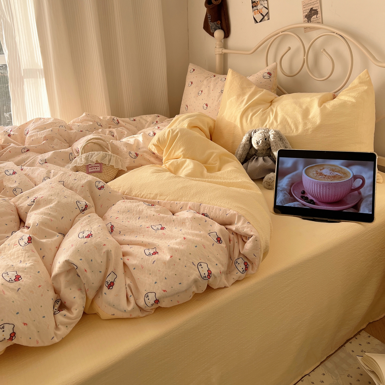 91家纺网 家纺一手货源 找家纺 繁花家居 2026新款木棉双层纱四件套 奶酪kt-米