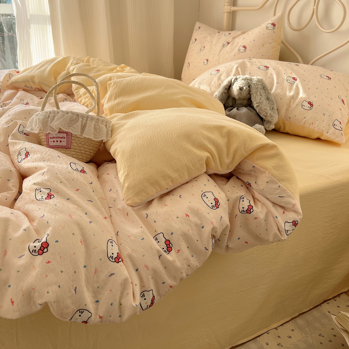 91家纺网 家纺一手货源 找家纺 繁花家居 2026新款木棉双层纱四件套 奶酪kt-米