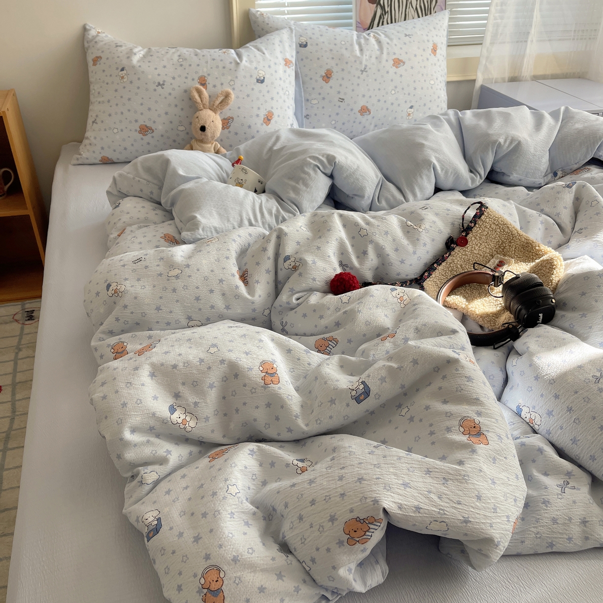 91家纺网 家纺一手货源 找家纺 繁花家居 2026新款木棉双层纱四件套 犬星浮梦