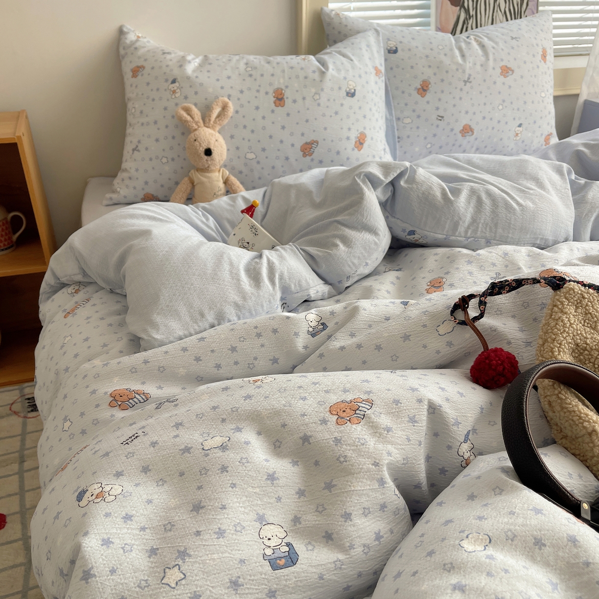 91家纺网 家纺一手货源 找家纺 繁花家居 2026新款木棉双层纱四件套 犬星浮梦