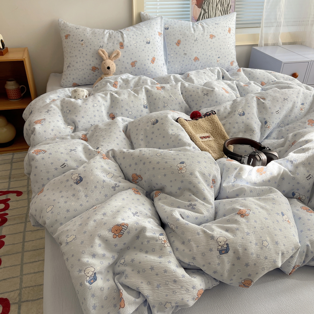 91家纺网 家纺一手货源 找家纺 繁花家居 2026新款木棉双层纱四件套 犬星浮梦