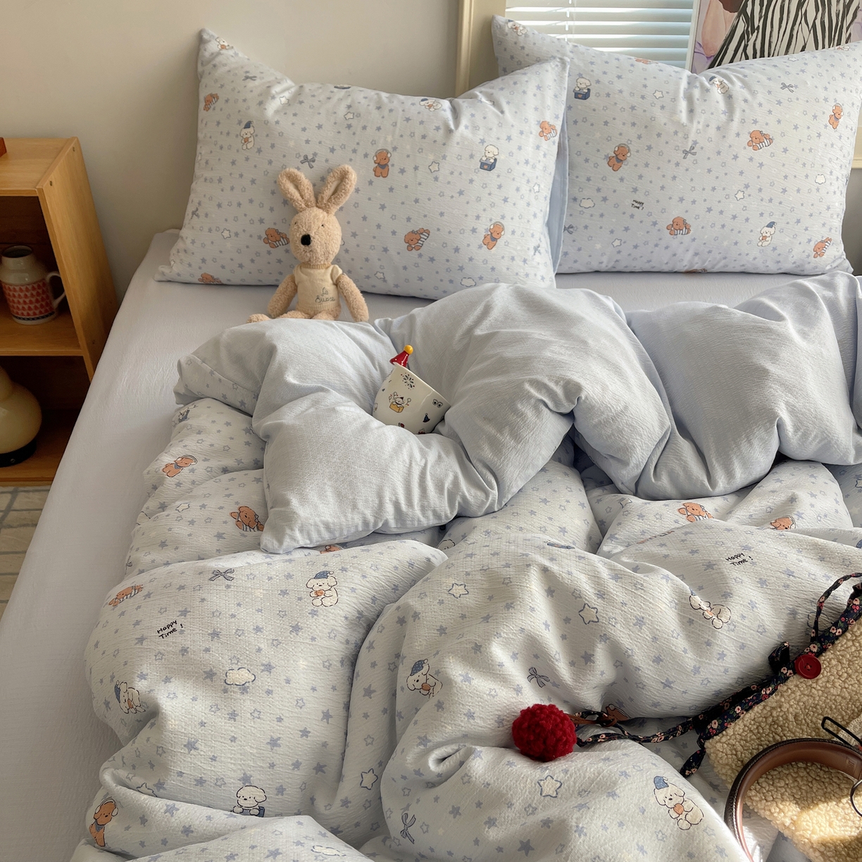 91家纺网 家纺一手货源 找家纺 繁花家居 2026新款木棉双层纱四件套 犬星浮梦