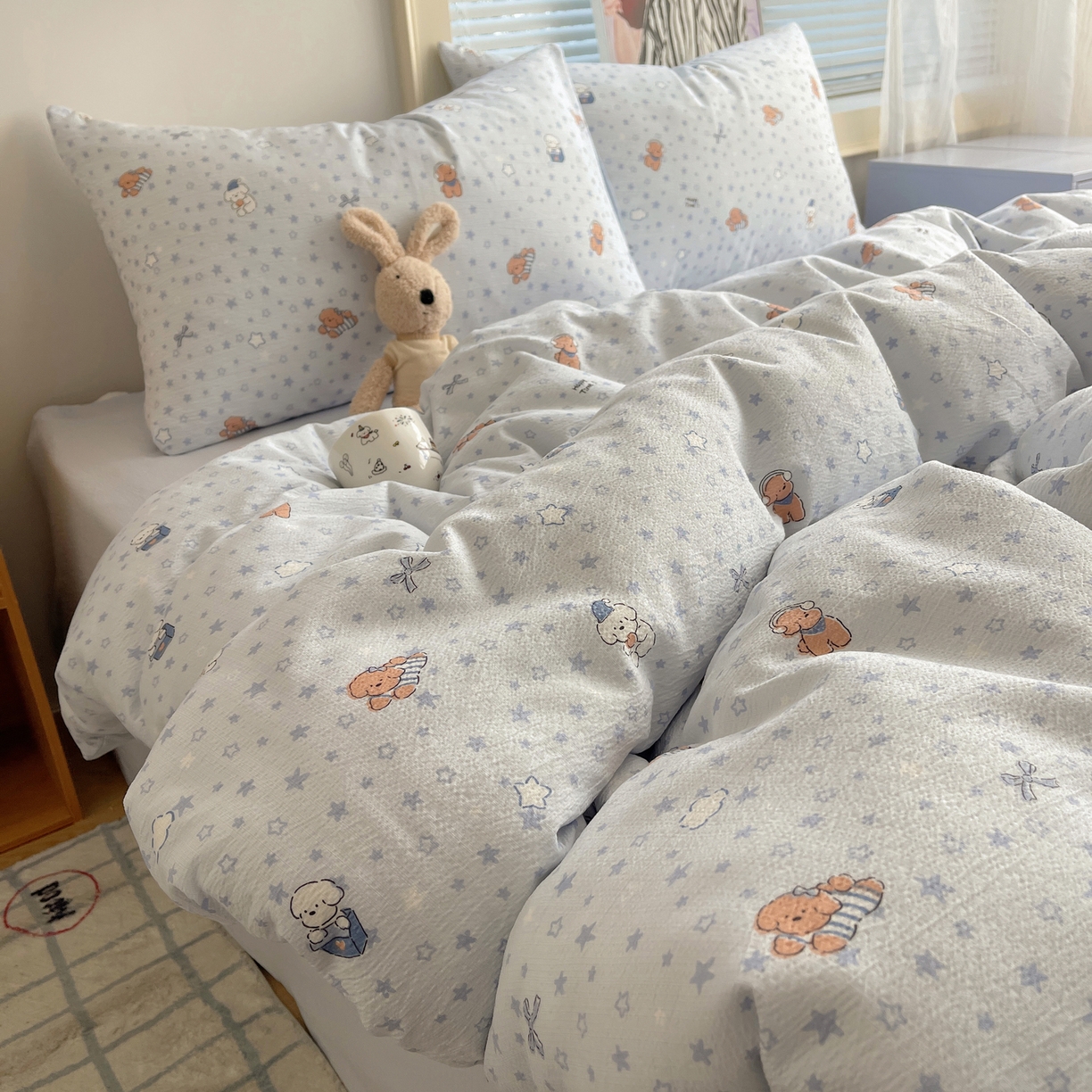 91家纺网 家纺一手货源 找家纺 繁花家居 2026新款木棉双层纱四件套 犬星浮梦