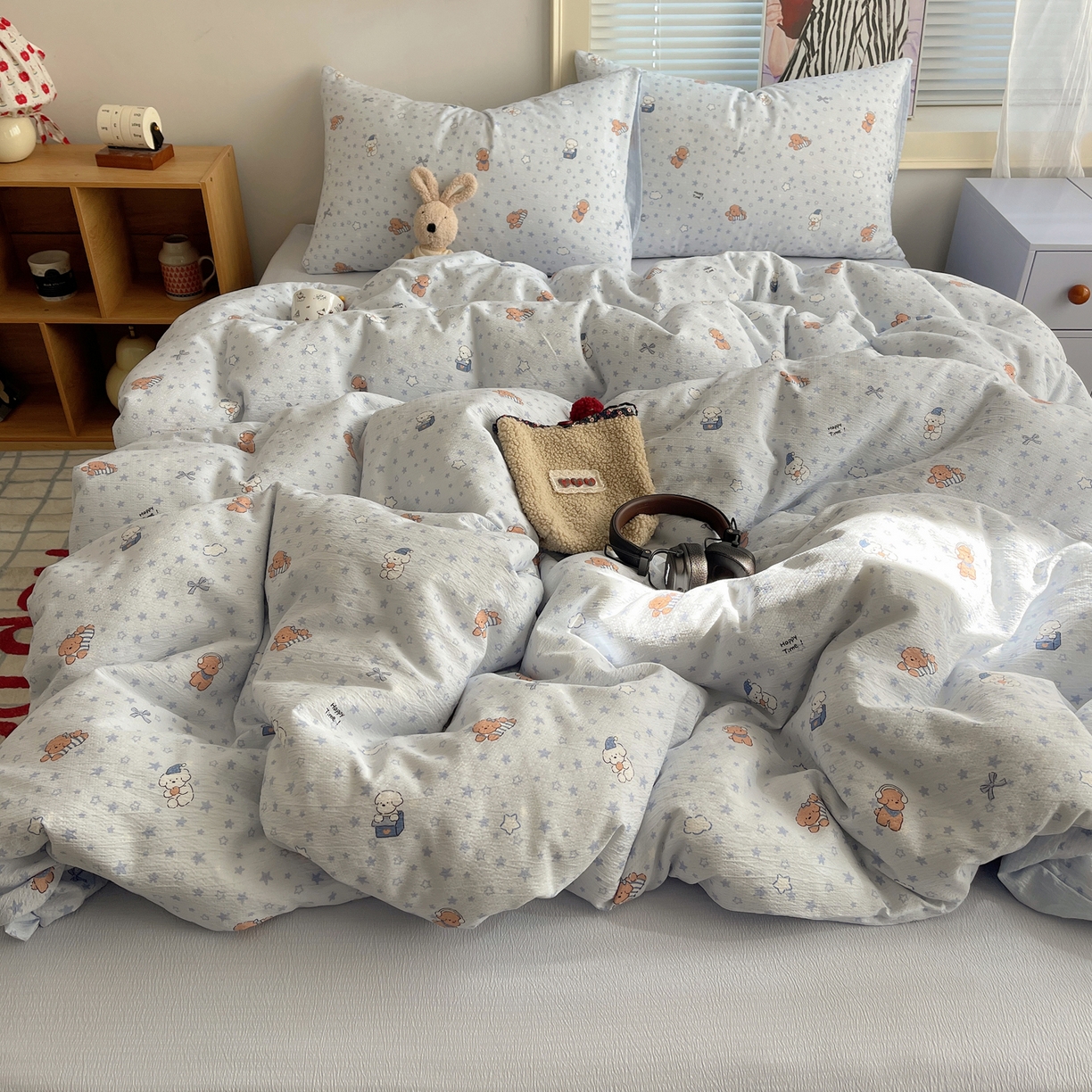 91家纺网 家纺一手货源 找家纺 繁花家居 2026新款木棉双层纱四件套 犬星浮梦