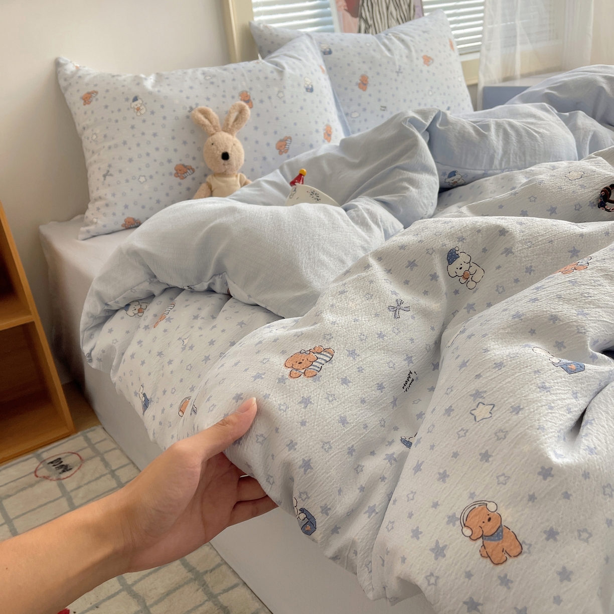 91家纺网 家纺一手货源 找家纺 繁花家居 2026新款木棉双层纱四件套 犬星浮梦