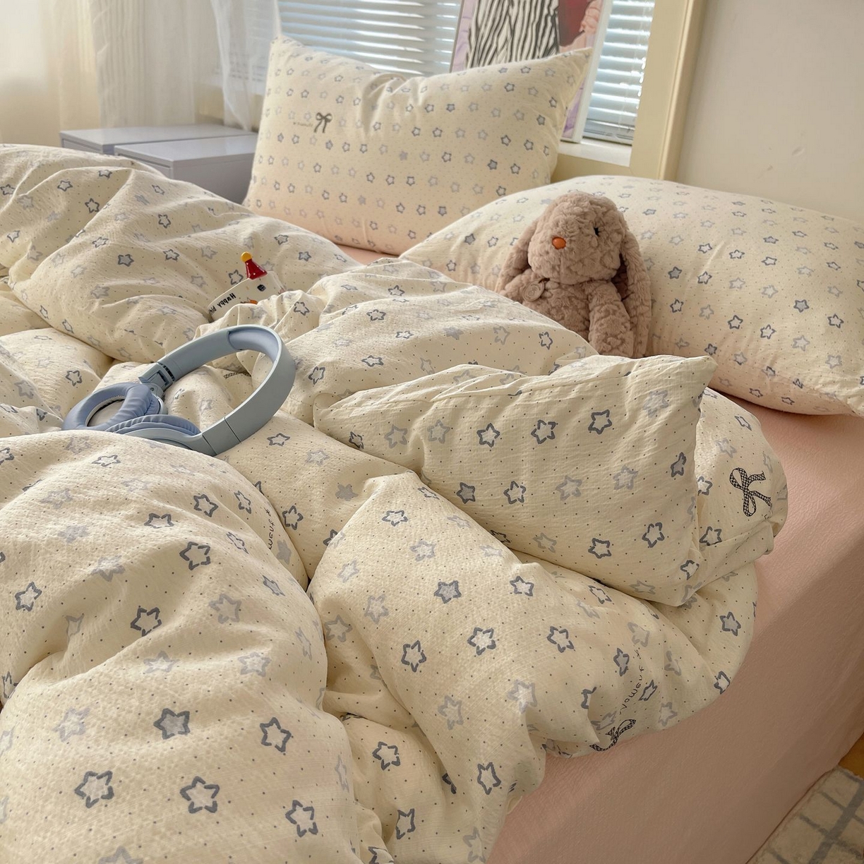 91家纺网 家纺一手货源 找家纺 繁花家居 2026新款木棉双层纱四件套 揉光星结