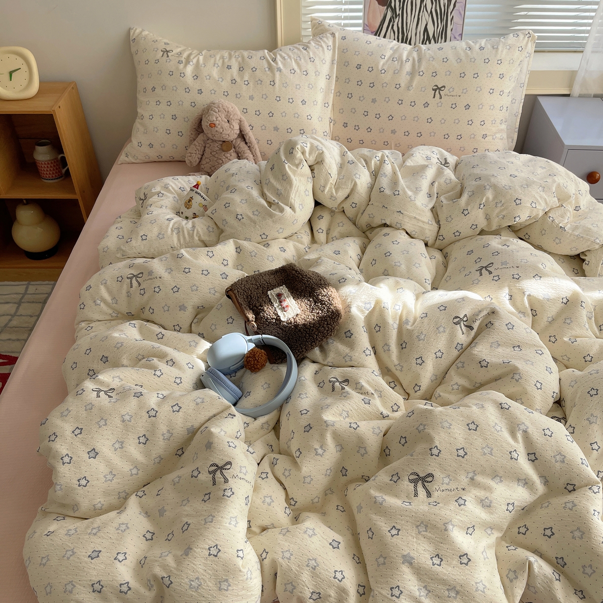 91家纺网 家纺一手货源 找家纺 繁花家居 2026新款木棉双层纱四件套 揉光星结