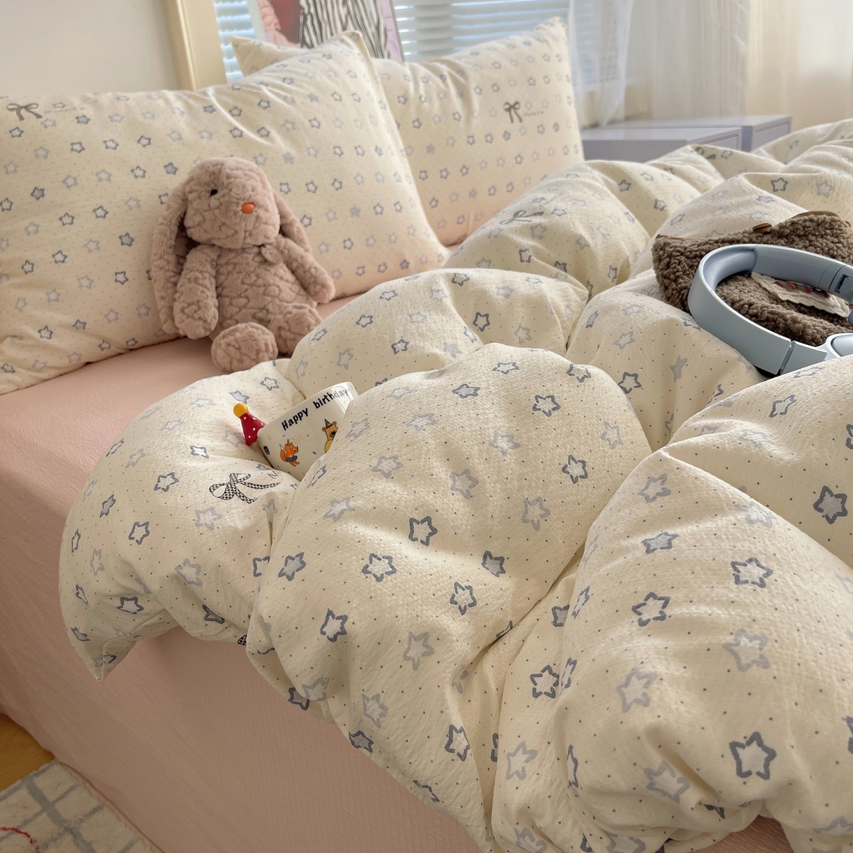 91家纺网 家纺一手货源 找家纺 繁花家居 2026新款木棉双层纱四件套 揉光星结