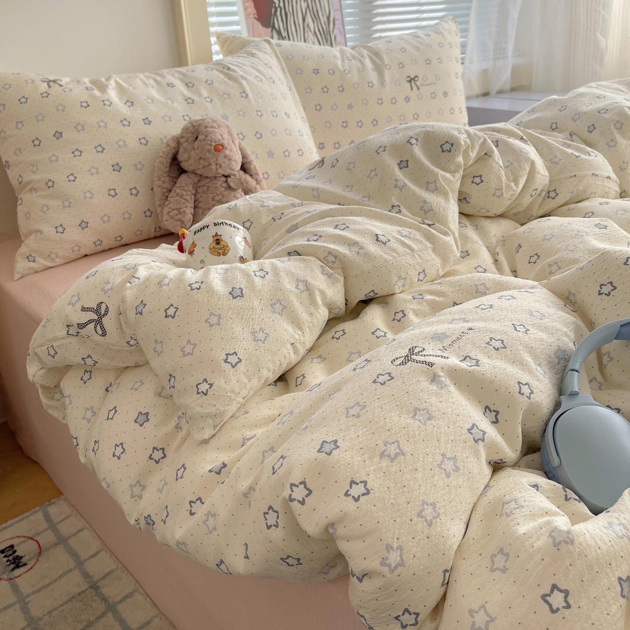 91家纺网 家纺一手货源 找家纺 繁花家居 2026新款木棉双层纱四件套 揉光星结