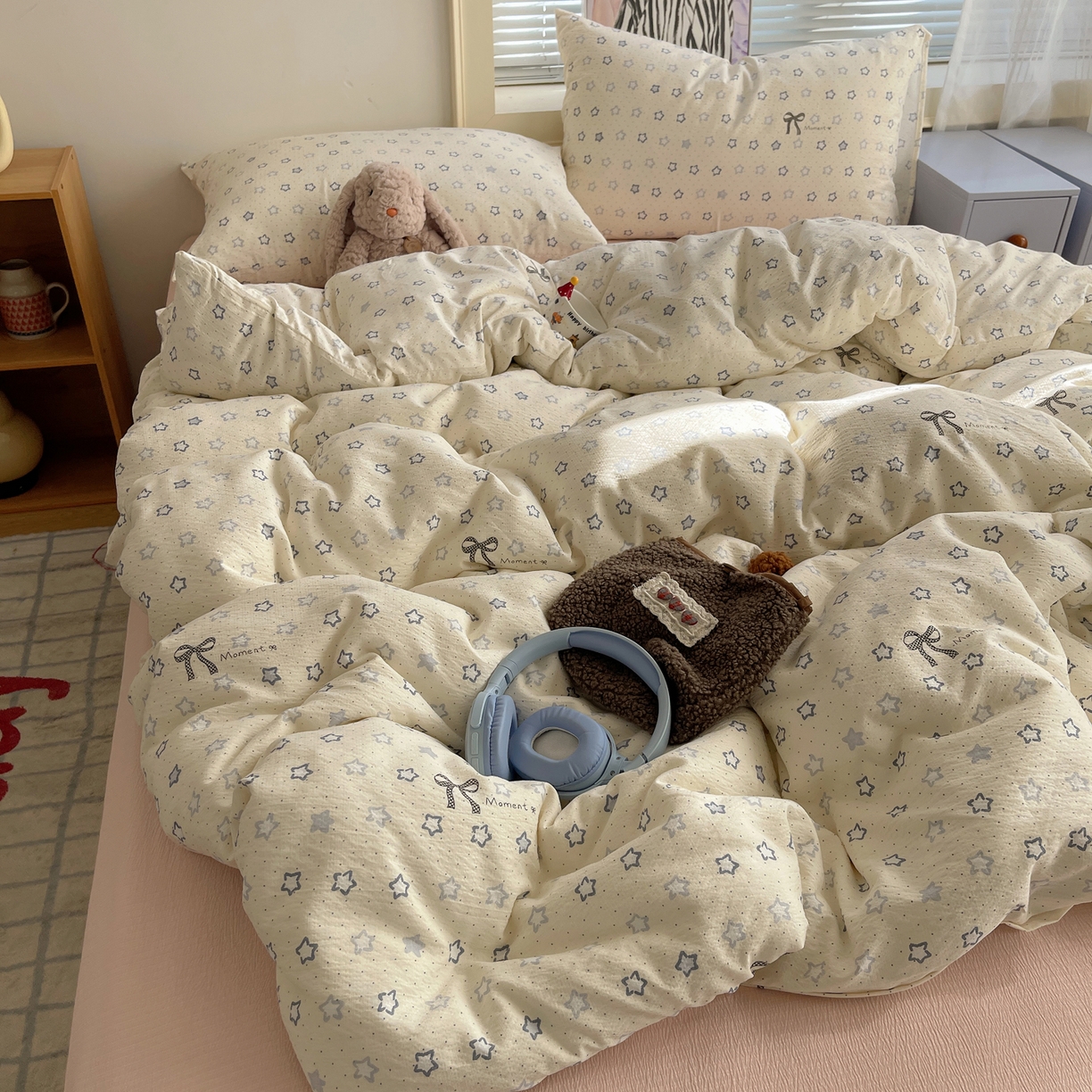 91家纺网 家纺一手货源 找家纺 繁花家居 2026新款木棉双层纱四件套 揉光星结