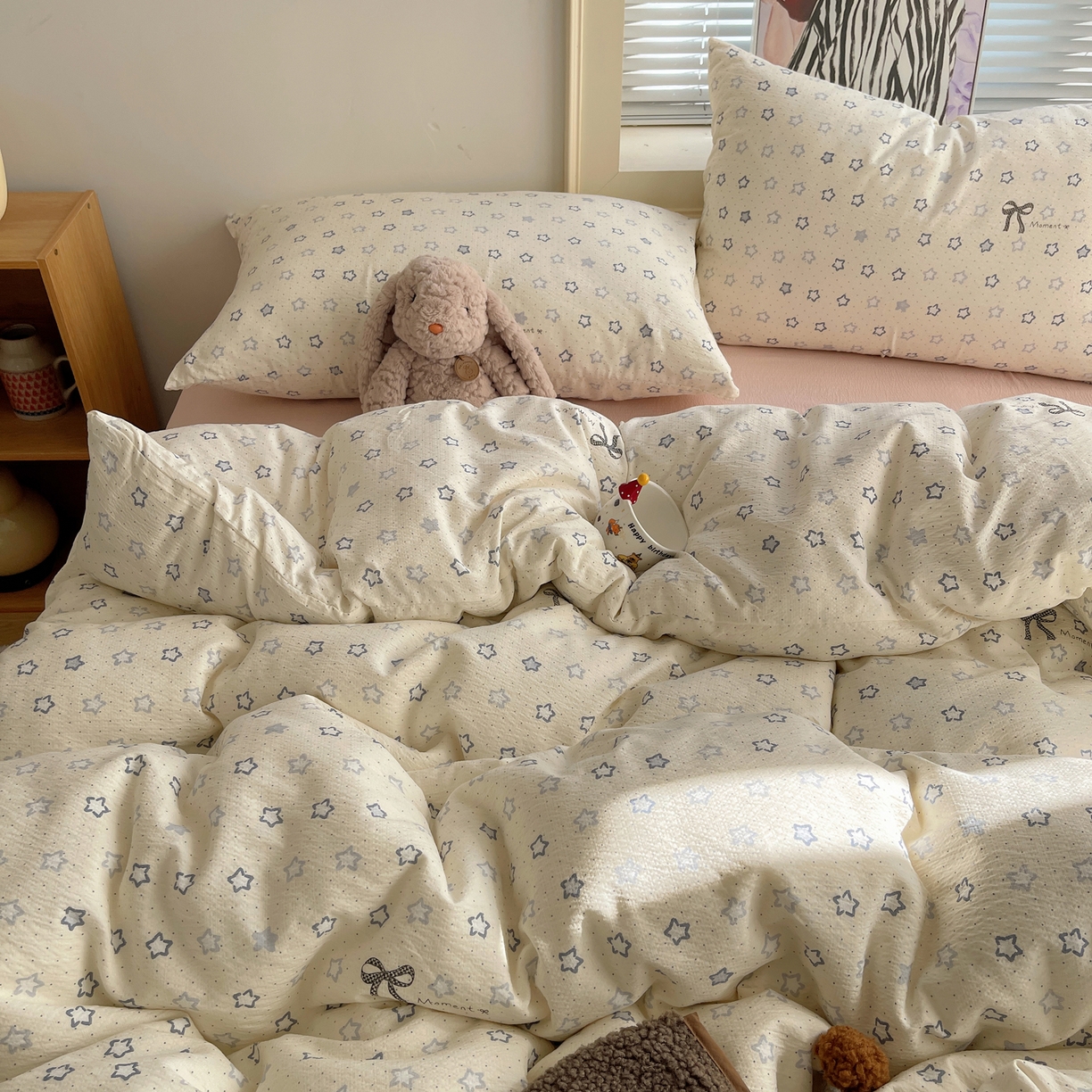 91家纺网 家纺一手货源 找家纺 繁花家居 2026新款木棉双层纱四件套 揉光星结