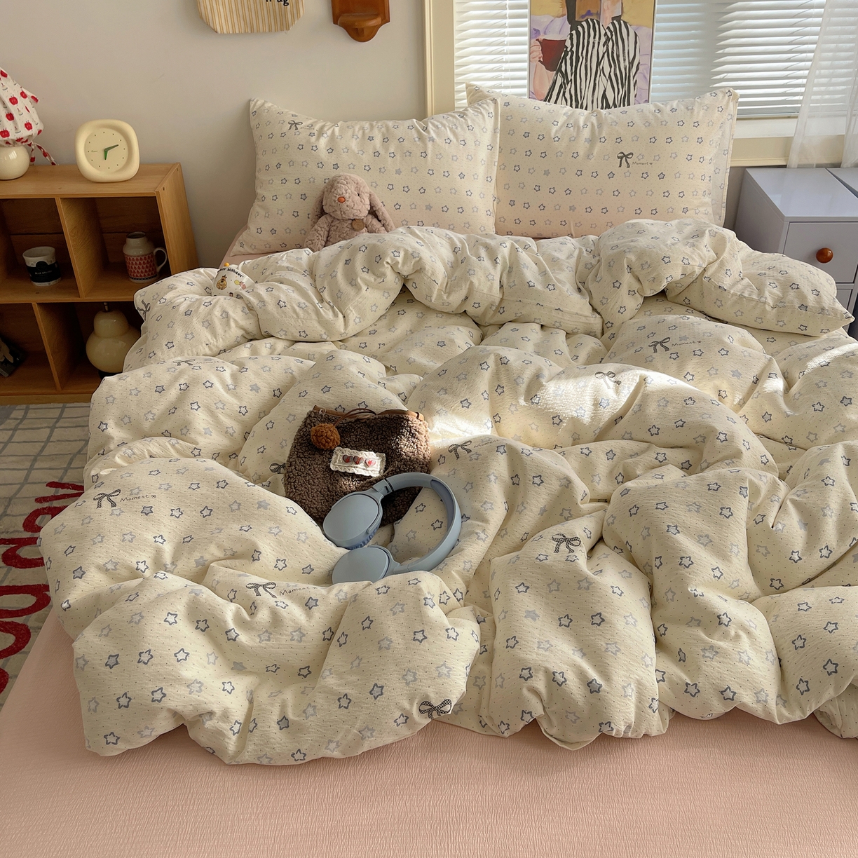 91家纺网 家纺一手货源 找家纺 繁花家居 2026新款木棉双层纱四件套 揉光星结