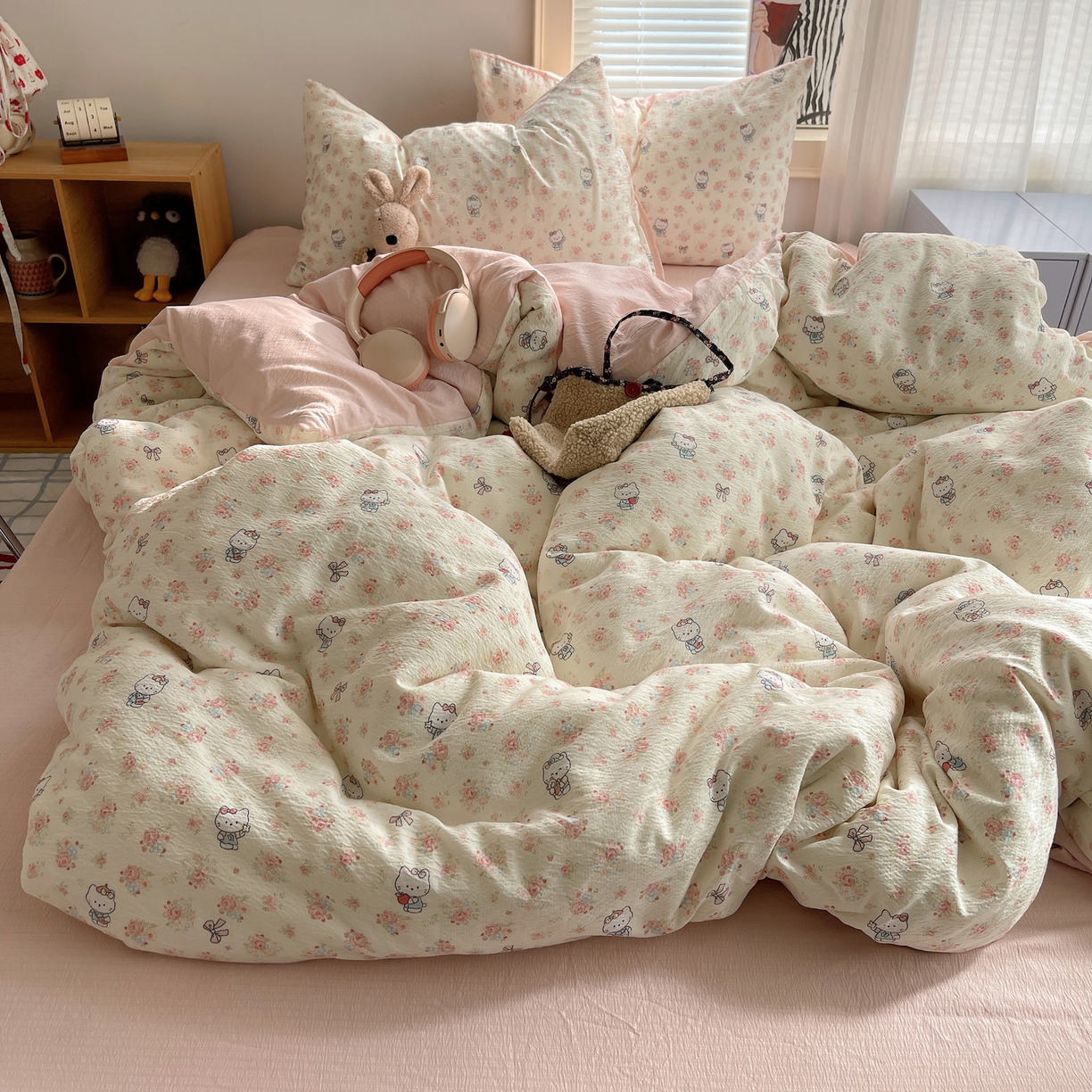 91家纺网 家纺一手货源 找家纺 繁花家居 2026新款木棉双层纱四件套 揉花粉猫