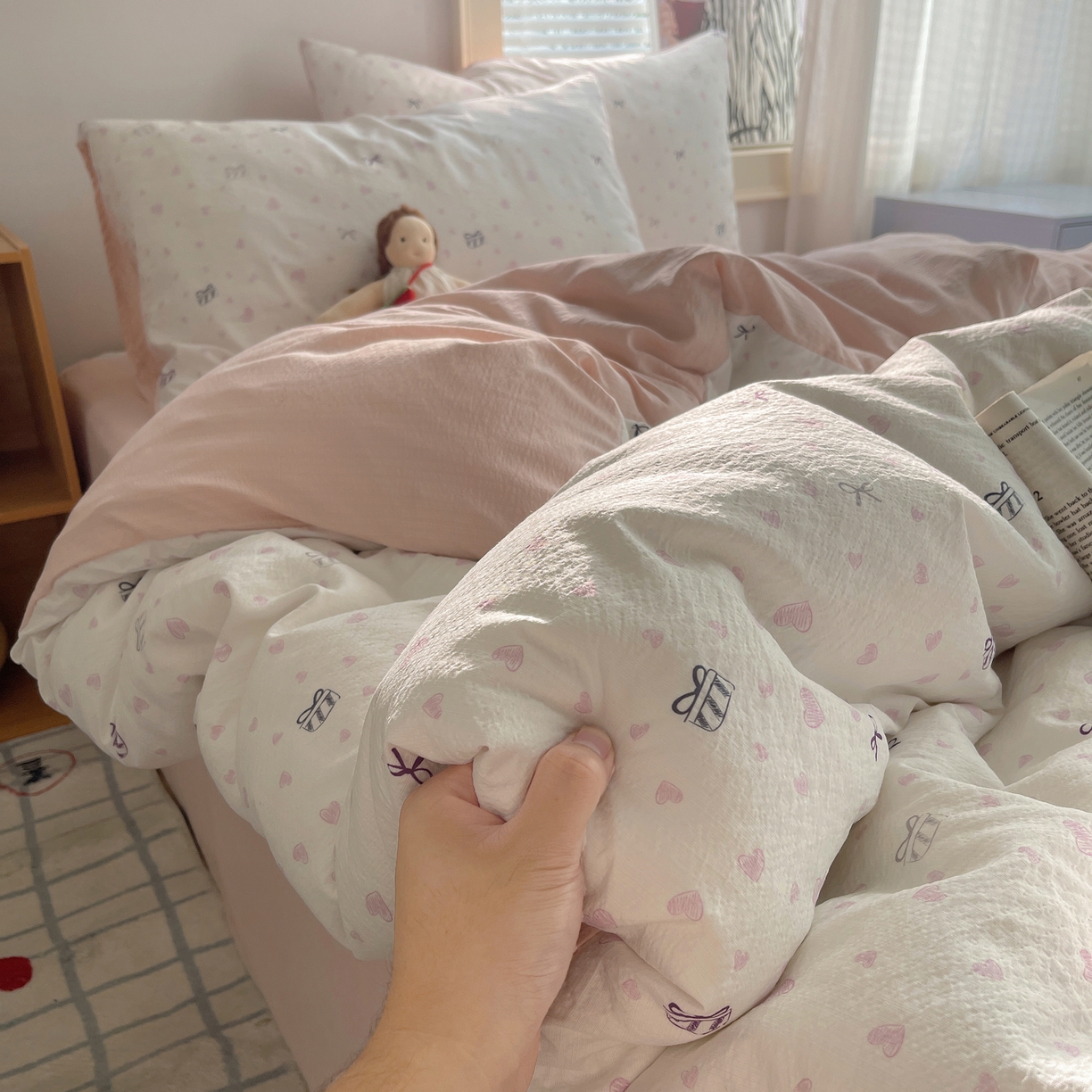 91家纺网 家纺一手货源 找家纺 繁花家居 2026新款木棉双层纱四件套 甜梦心结