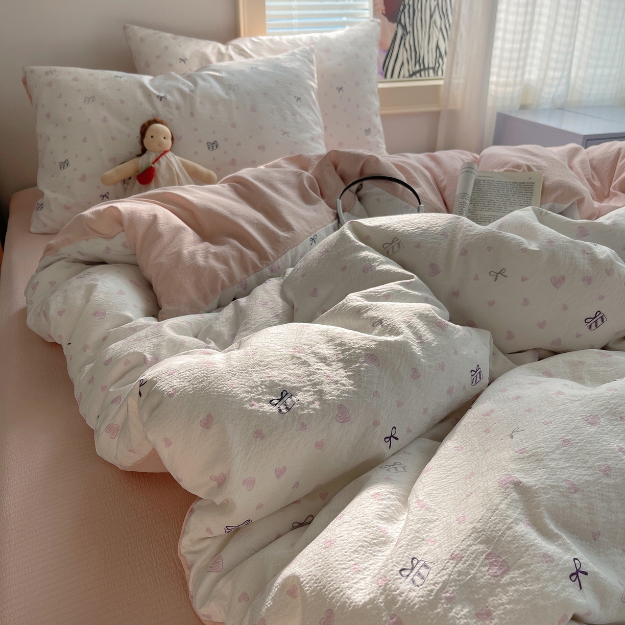 91家纺网 家纺一手货源 找家纺 繁花家居 2026新款木棉双层纱四件套 甜梦心结