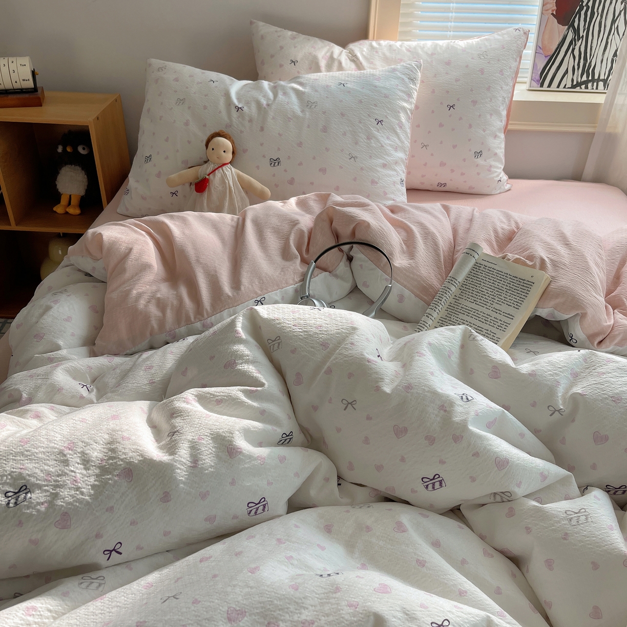 91家纺网 家纺一手货源 找家纺 繁花家居 2026新款木棉双层纱四件套 甜梦心结