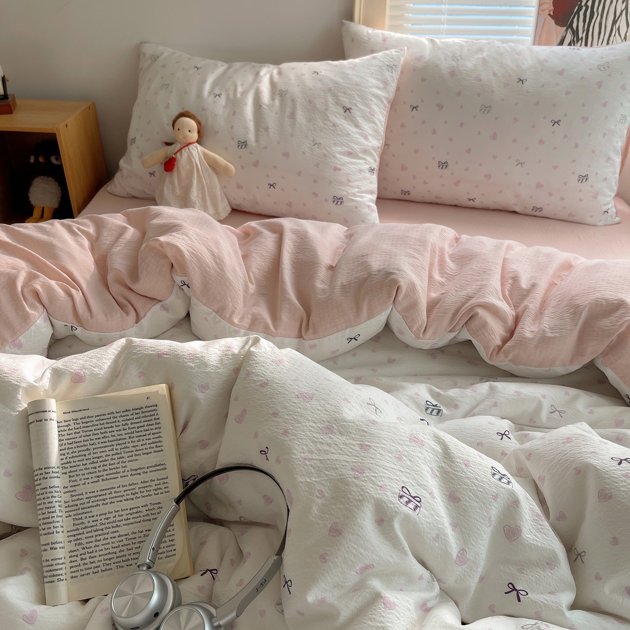 91家纺网 家纺一手货源 找家纺 繁花家居 2026新款木棉双层纱四件套 甜梦心结