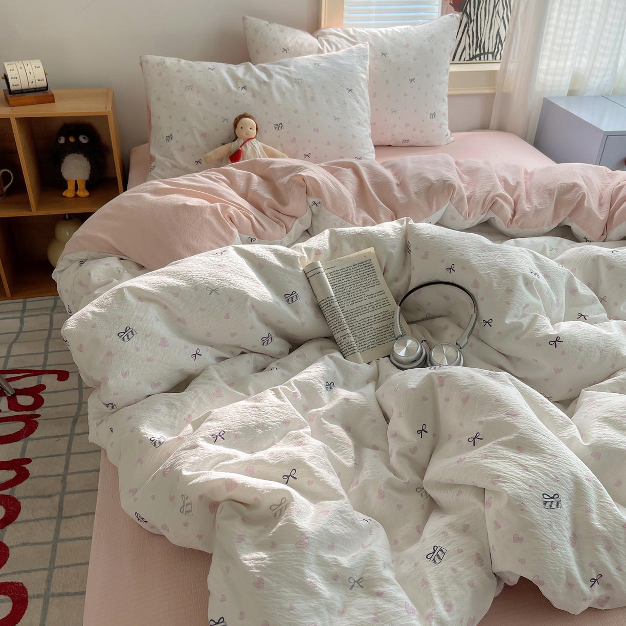 91家纺网 家纺一手货源 找家纺 繁花家居 2026新款木棉双层纱四件套 甜梦心结