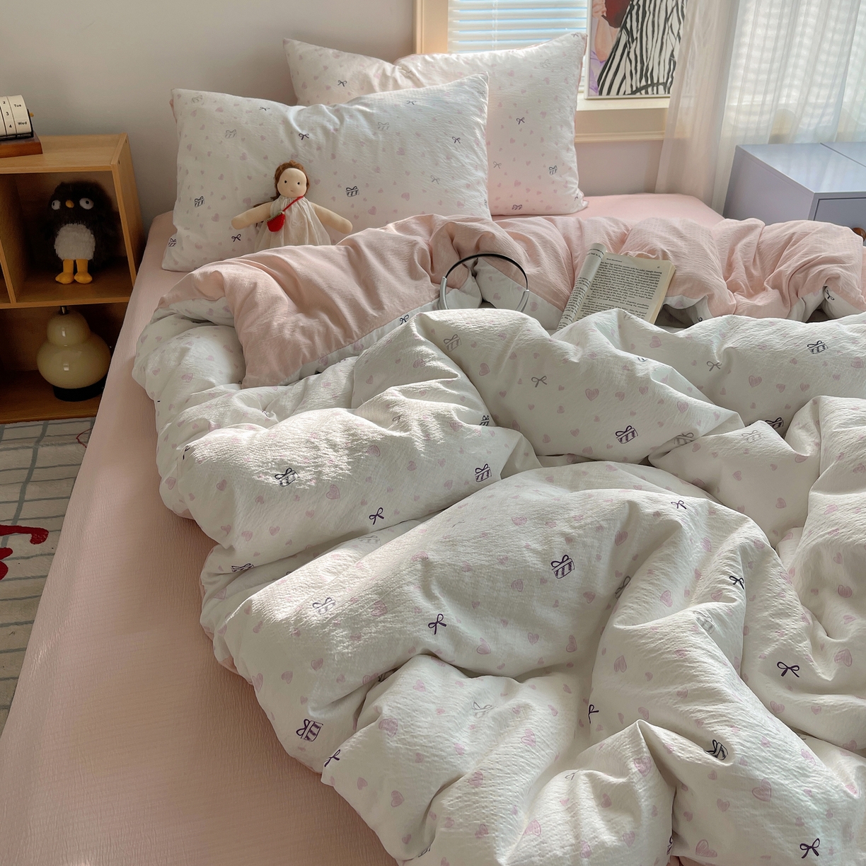 91家纺网 家纺一手货源 找家纺 繁花家居 2026新款木棉双层纱四件套 甜梦心结