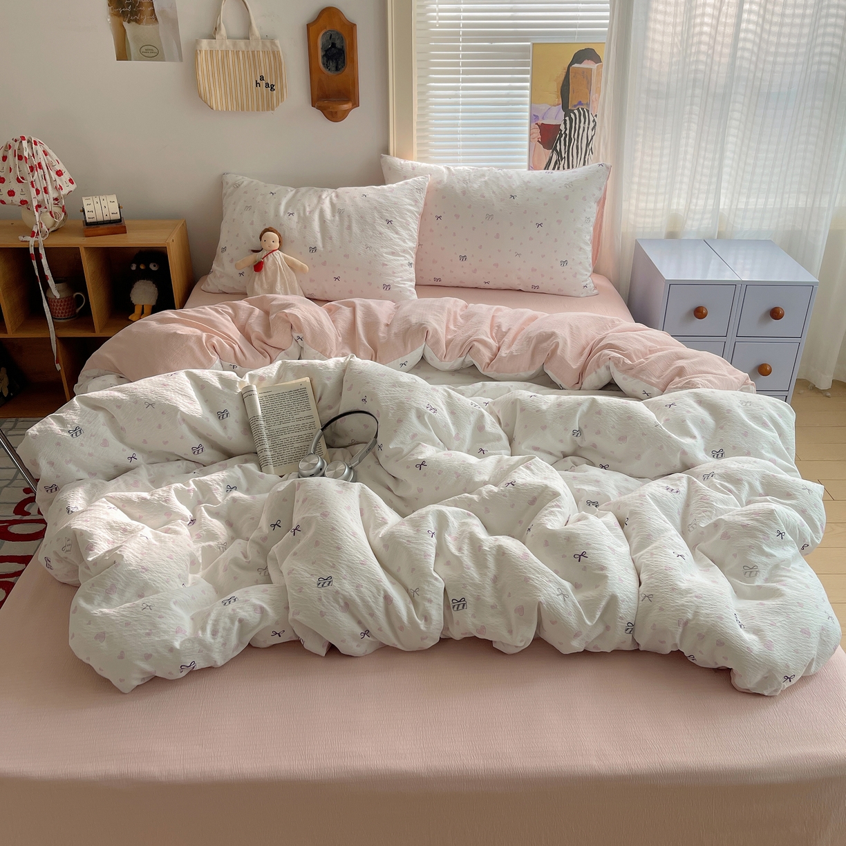 91家纺网 家纺一手货源 找家纺 繁花家居 2026新款木棉双层纱四件套 甜梦心结