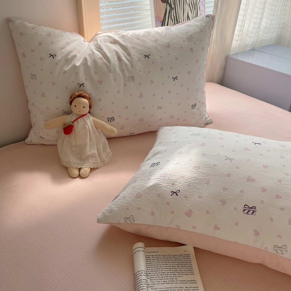 91家纺网 家纺一手货源 找家纺 繁花家居 2026新款木棉双层纱四件套 甜梦心结