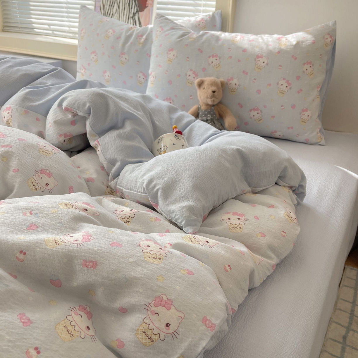 91家纺网 家纺一手货源 找家纺 繁花家居 2026新款木棉双层纱四件套 甜筒小猫-蓝