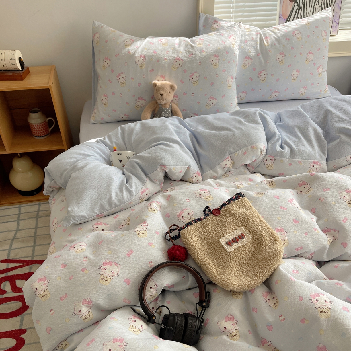 91家纺网 家纺一手货源 找家纺 繁花家居 2026新款木棉双层纱四件套 甜筒小猫-蓝