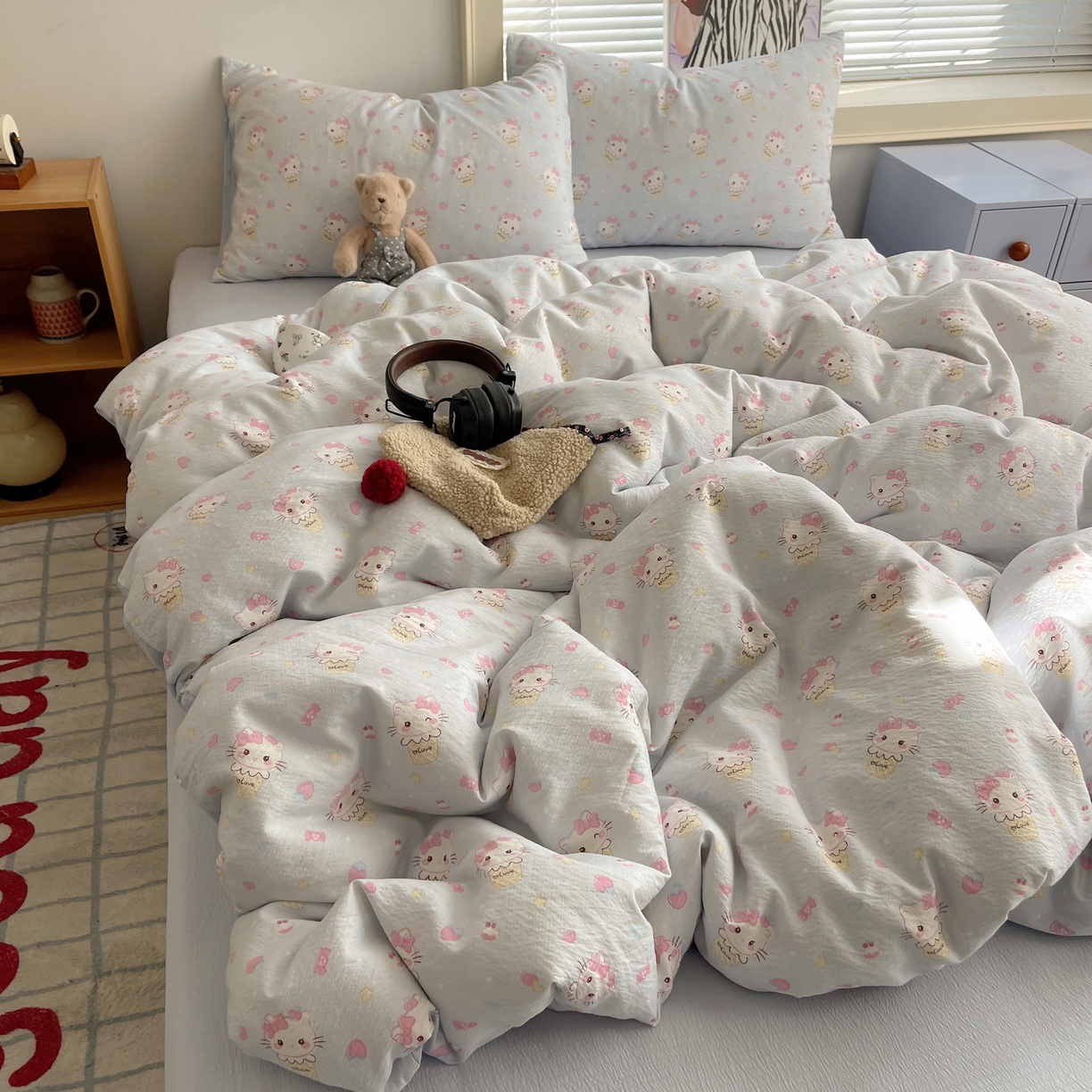 91家纺网 家纺一手货源 找家纺 繁花家居 2026新款木棉双层纱四件套 甜筒小猫-蓝