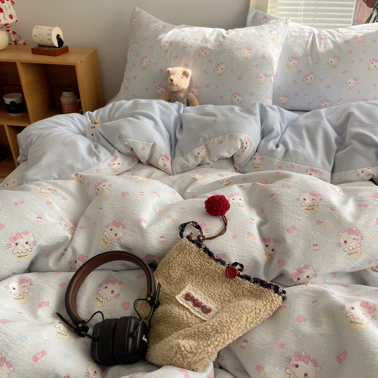 91家纺网 家纺一手货源 找家纺 繁花家居 2026新款木棉双层纱四件套 甜筒小猫-蓝