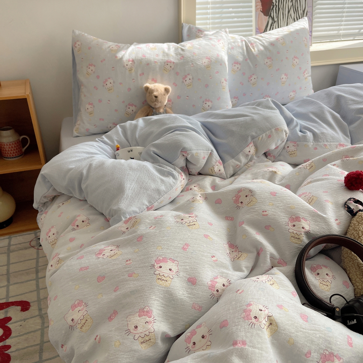 91家纺网 家纺一手货源 找家纺 繁花家居 2026新款木棉双层纱四件套 甜筒小猫-蓝