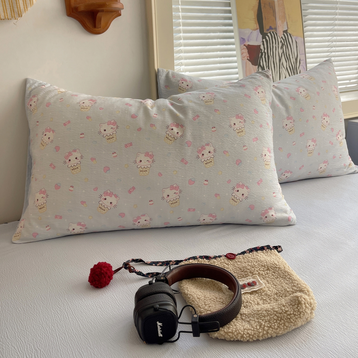 91家纺网 家纺一手货源 找家纺 繁花家居 2026新款木棉双层纱四件套 甜筒小猫-蓝